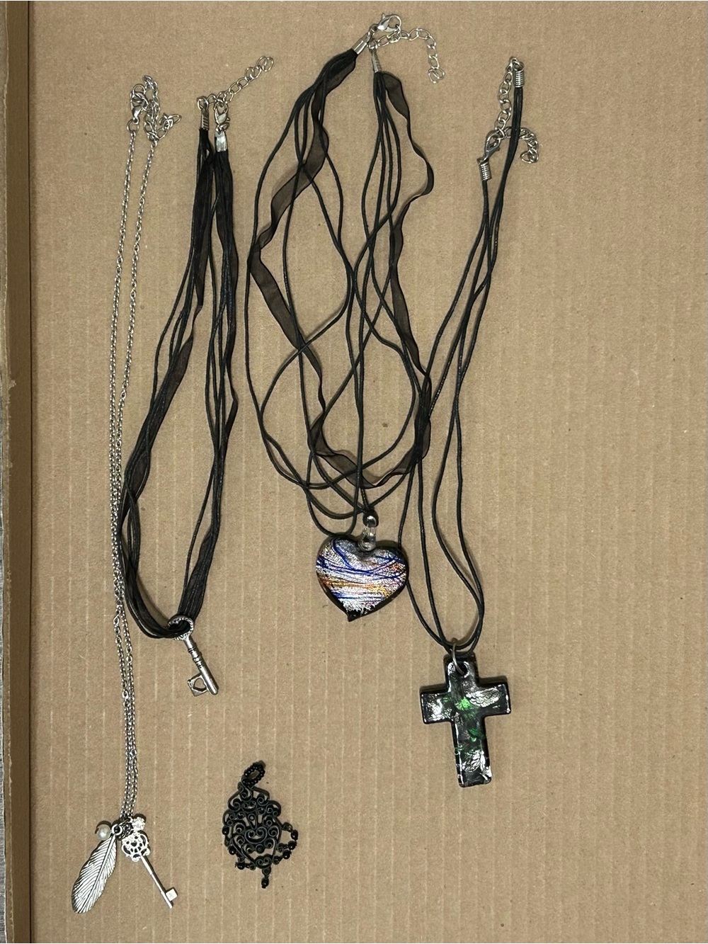 Lot of 5 Jewelry Pieces Black Ribbon Strand Necklaces Pendants Art Dichroic Key